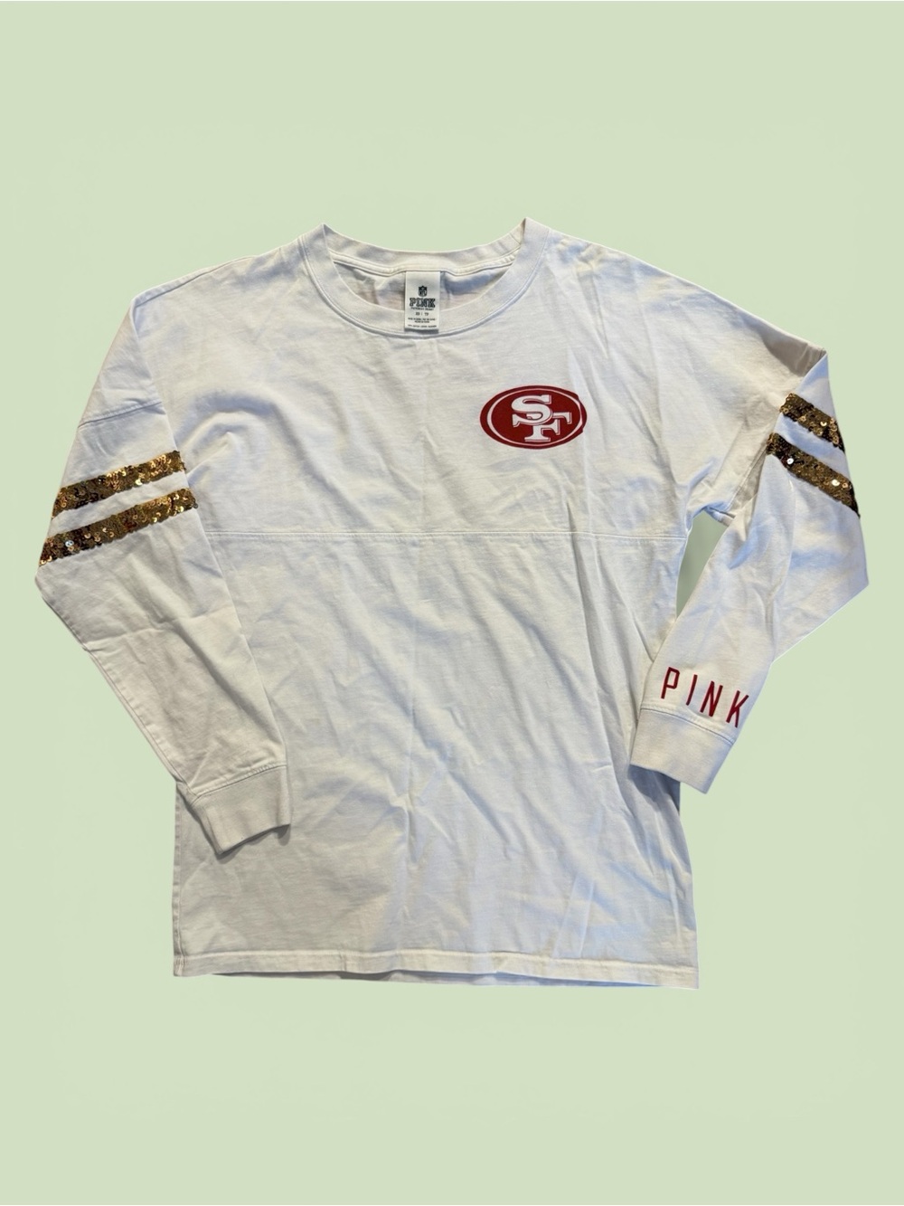 Vintage PINK Victoria's Secret White Long-Sleeve Kids Tee w/ Gold Sequin Stripes